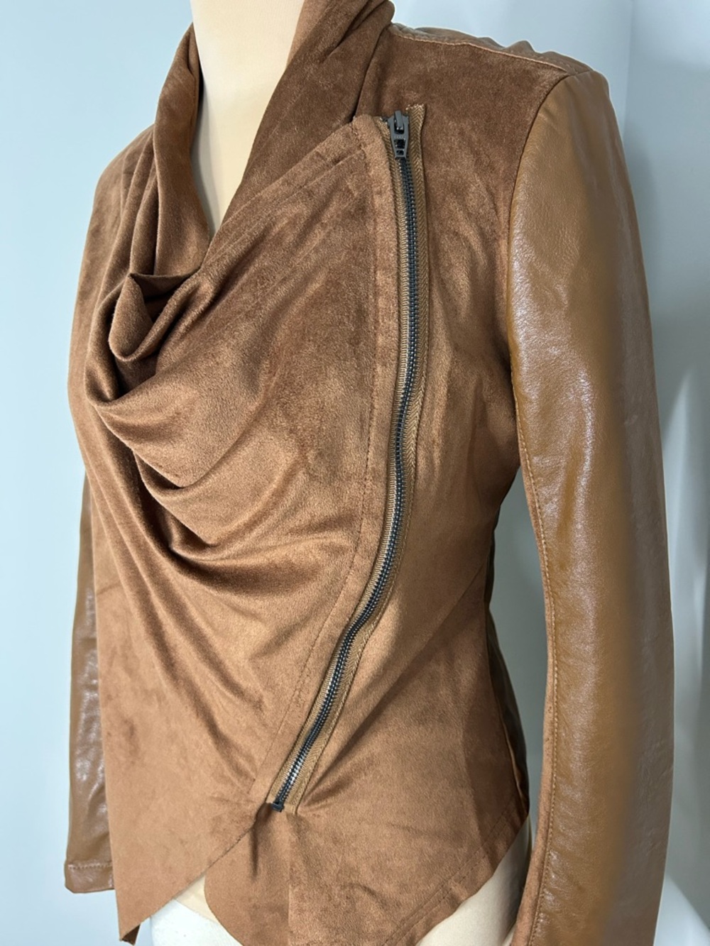 Blank NYC Faux Leather and Suede Camel Draped front Moto Jacket - Picture 3 of 14